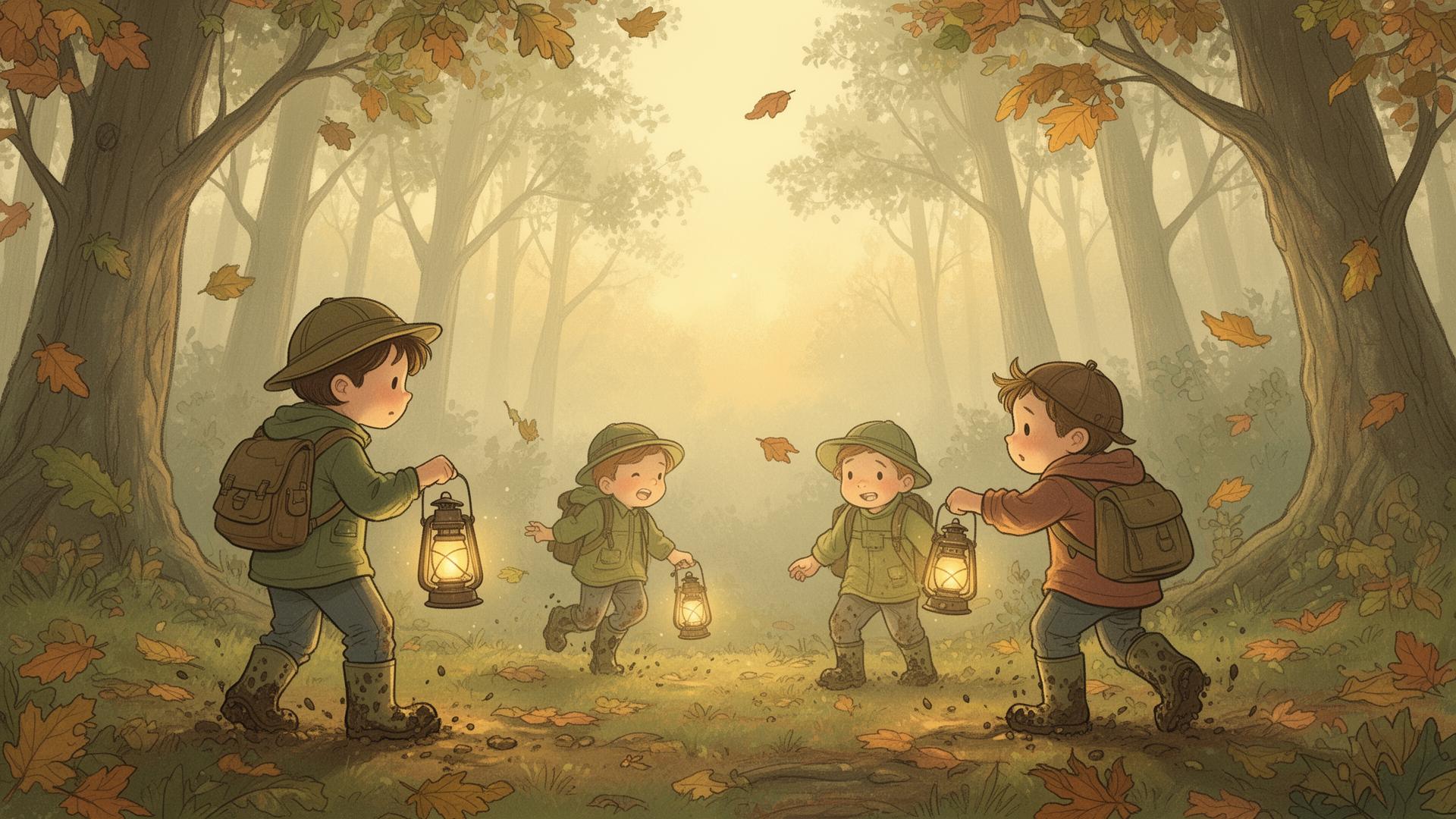 Children with lanterns exploring an autumn forest